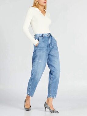 Zara Women’s High Rise Ripped Barrel Leg Blue Washed Jeans Size 14 NWT
